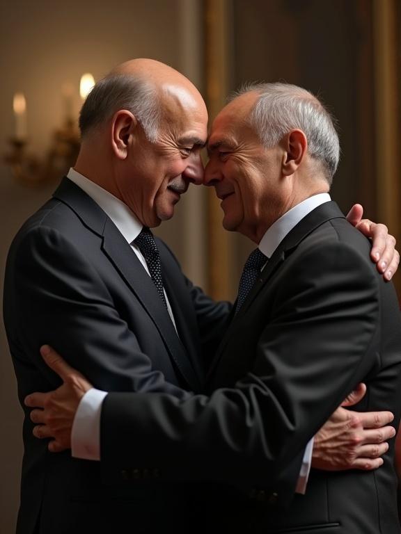 Two men hugging each other in a formal setting. One man has a sad expression while observing them. They are dressed in suits. The background is elegant, enhancing the emotional moment.
