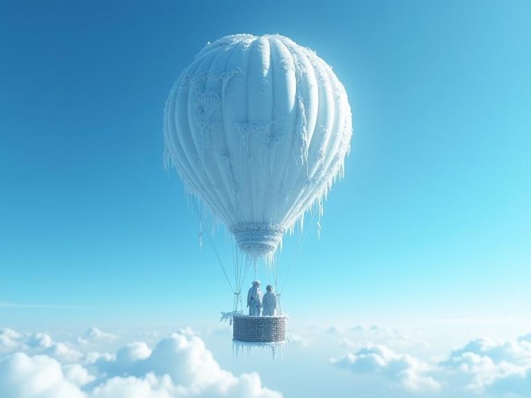 Photorealistic image featuring an ice-covered hot air balloon floating above clouds against a vibrant blue sky. Balloon partially frozen with icicles and frost. Two figures in the basket, encased in ice crystals, wearing stiff clothing. Scene viewed from the side, showcasing balloon’s profile and fluffy clouds below. Soft lighting accentuating ice details. Serene yet chilling mood inspired by exploration and extreme conditions.
