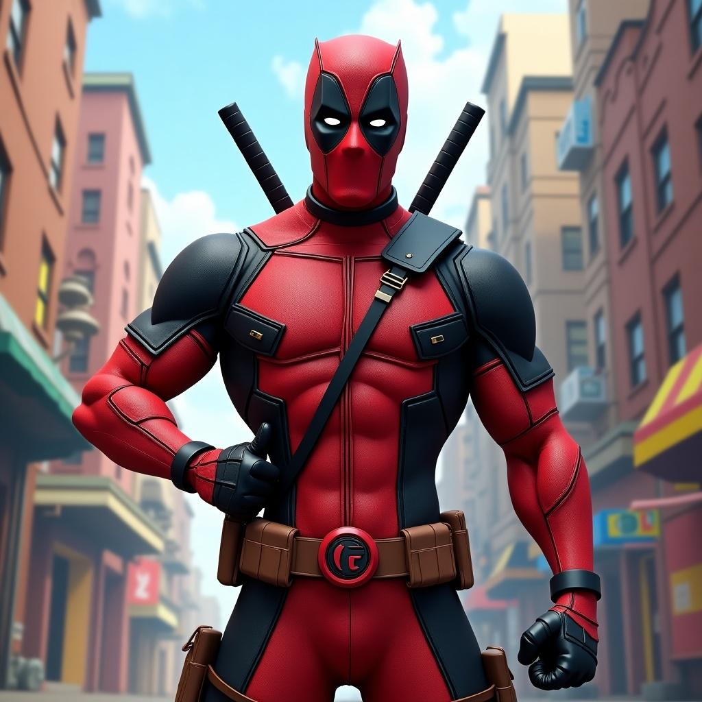 3D rendering of Deadpool in a vibrant urban setting. The character stands confidently with weapons. Bright colors highlight the scene.