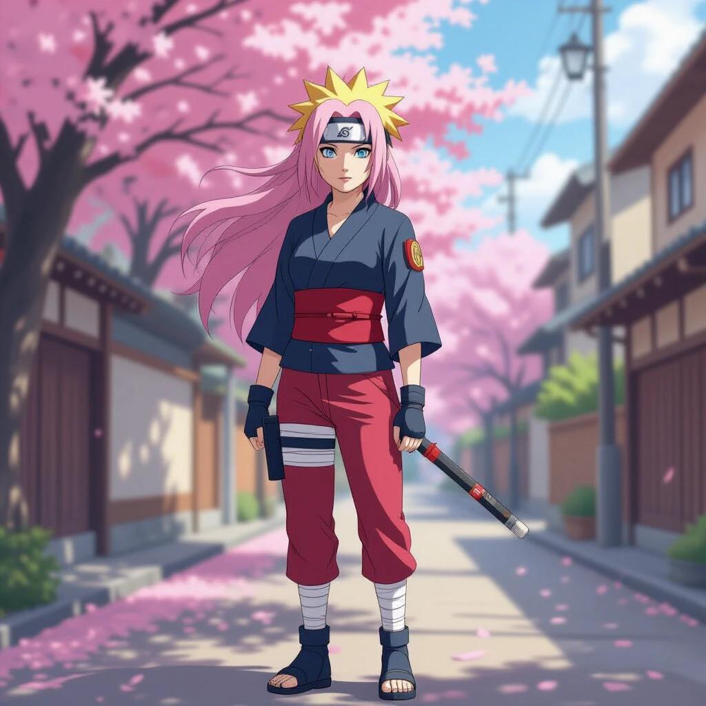 A female character from anime series in a traditional outfit. She has long pink hair and holds a weapon. Cherry blossom trees surround her. She stands confidently on a street in a small town with traditional buildings.