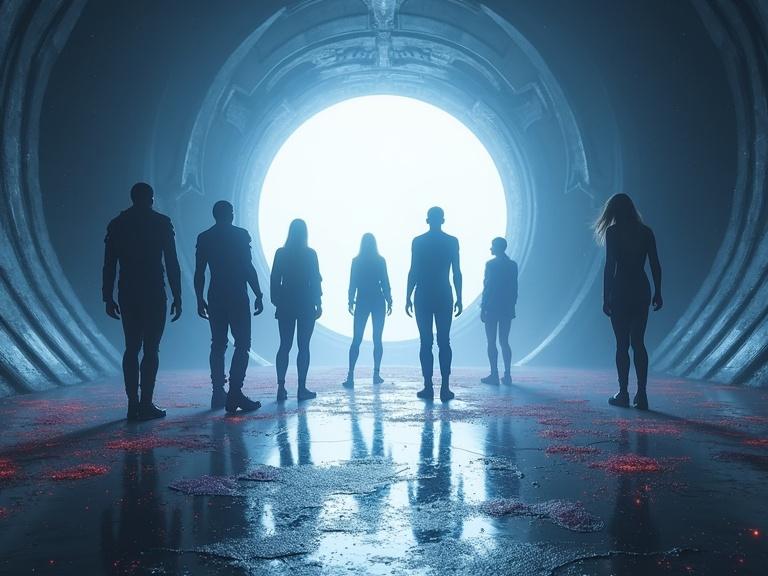 Group of young people standing in front of a bright white light above a pit. Metallic nanoparticles attach to their clothing forming exo suits. Wind blows their hair and clothes. Sleek silver walls and floor surround them. Dark blue filter with blue lens flare in the image.