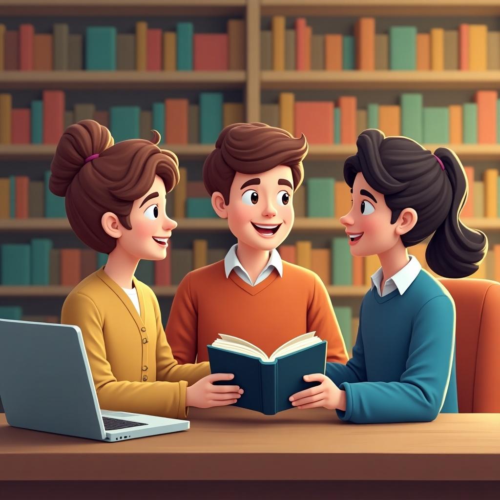 Three avatar-like figures engaged in exchanging books in a library setting