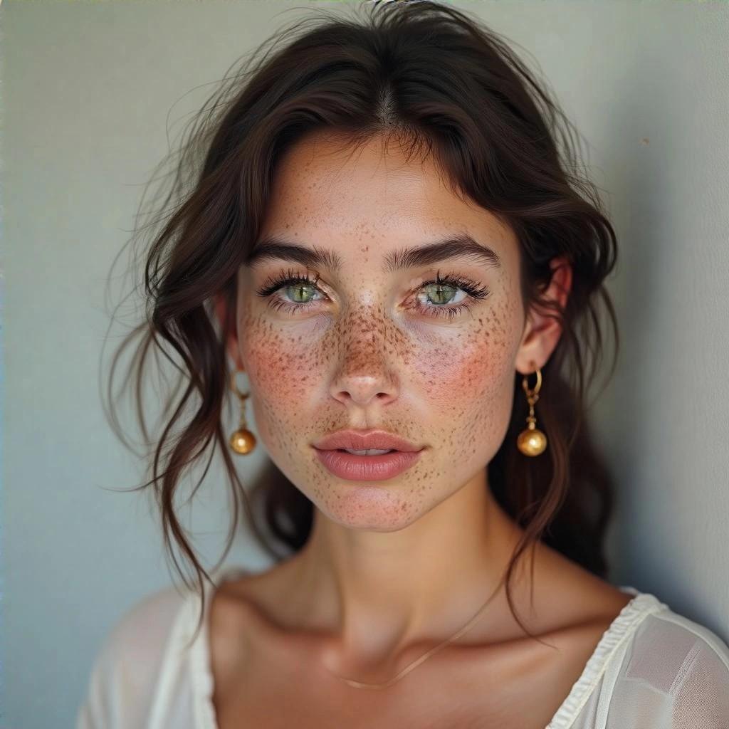 Woman with freckles and earrings poses for the camera. She has soft features and a natural look. The background is neutral to emphasize her face.