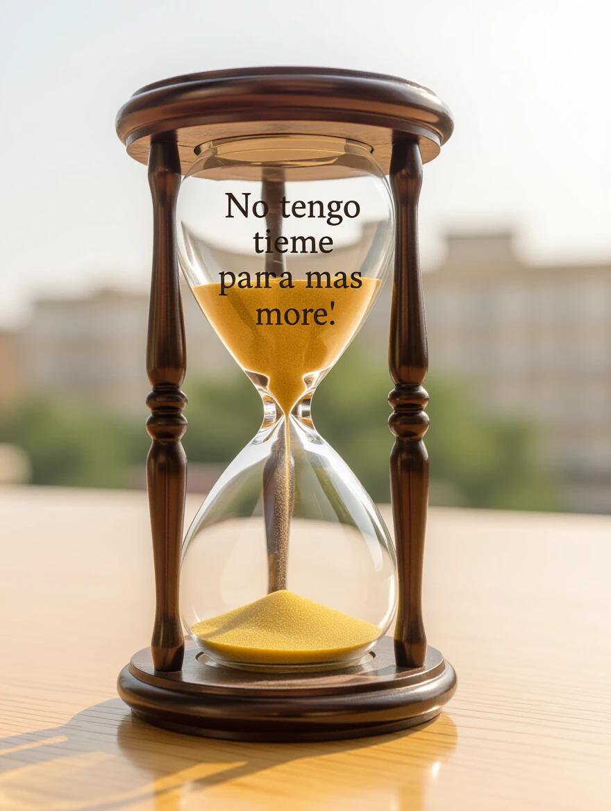 Hourglass with a focus on sand running out quickly. Text indicates urgency about time scarcity. Composition symbolizes feeling of not having enough time for additional tasks.