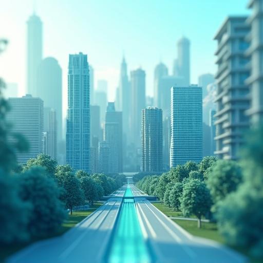 Cityscape of a corporate complex during the day in 3D rendering with close-up view. Soft lighting in blue and mint colors. High detail on buildings and surrounding area.