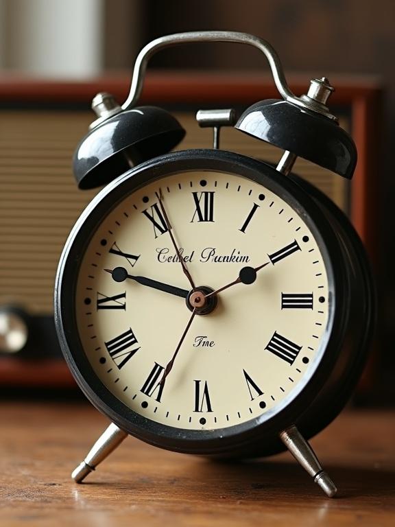 Vintage mechanical alarm clock with bells on top next to an old radio. Retro 1950s style classic design with Roman numerals. Nostalgic color palette.