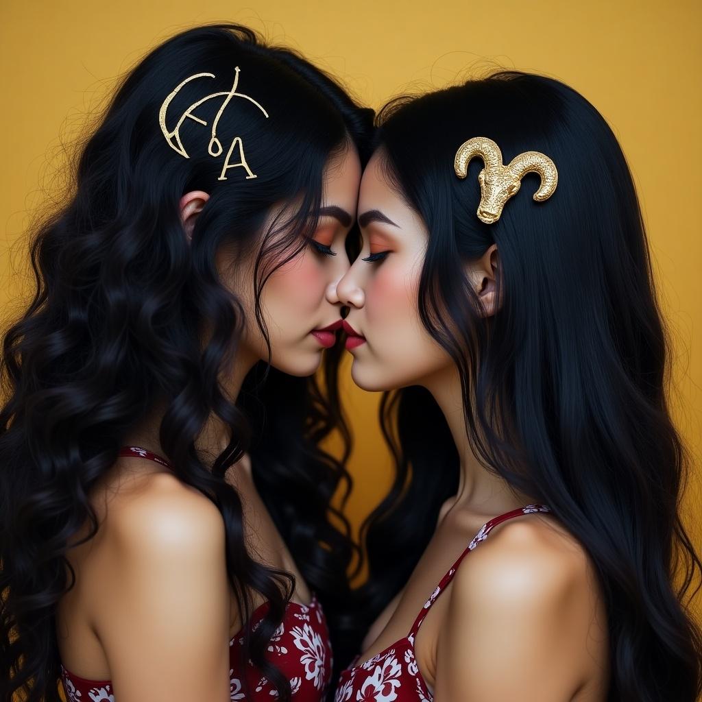 Two girls represent Scorpio and Capricorn zodiac signs. Scorpio girl has curly hair and Capricorn girl has straight hair. Both have black hair with golden accessories. Emphasizes love and zodiac themes.