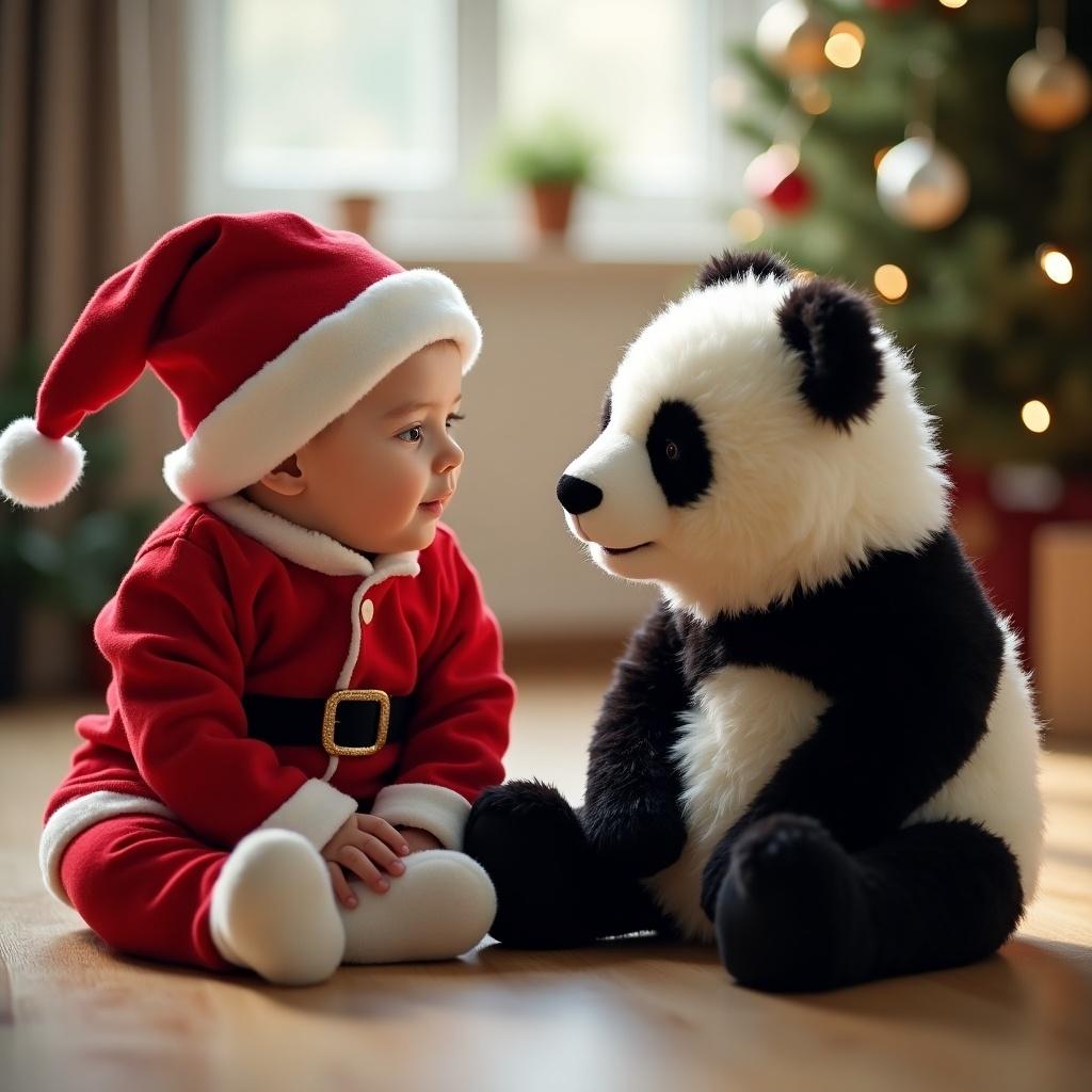 Engaging scene of a baby in Santa clothes sitting next to a cuddly panda bear. Baby gazes curiously at the panda, which looks back. Cozy indoor setting with soft, natural lighting for a warm atmosphere.