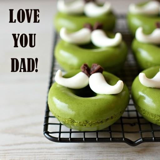 Green matcha flavored donuts displayed on a cooling rack. Each donut topped with white icing shaped like a mustache and small chocolate pieces. Smooth glossy texture of donuts on light wooden surface. Includes message 'LOVE YOU DAD!' indicating a Father's Day theme.