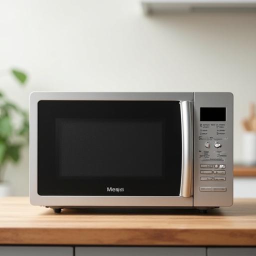 Modern microwave oven on a kitchen table or countertop in a well-lit environment. Clean and minimalistic setup with a neutral blurred background. Design details of buttons and door are clearly visible. Simple wood or laminate surface adds warmth to the scene.