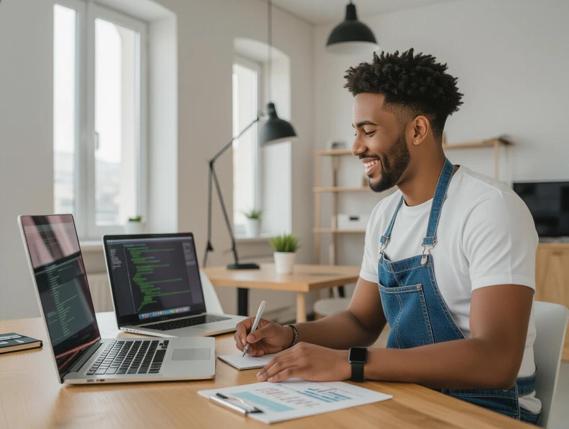 Young man in white t-shirt and overalls works at home office. He writes notes while looking at laptop screens. Modern workspace features good lighting and wooden furniture.