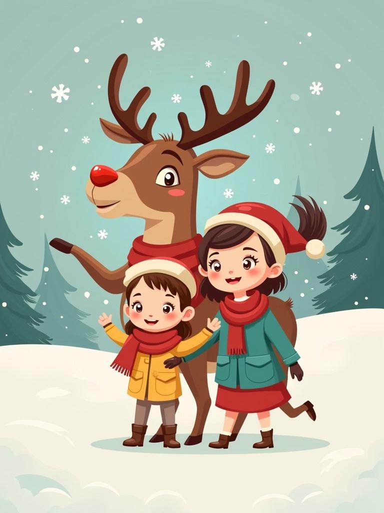 A cheerful family enjoys a snowy day with a friendly reindeer. Snowflakes fall around them enhancing the festive spirit. The background reveals soft snowy hills and evergreen trees creating a winter wonderland. The color scheme is warm and inviting, radiating holiday joy.