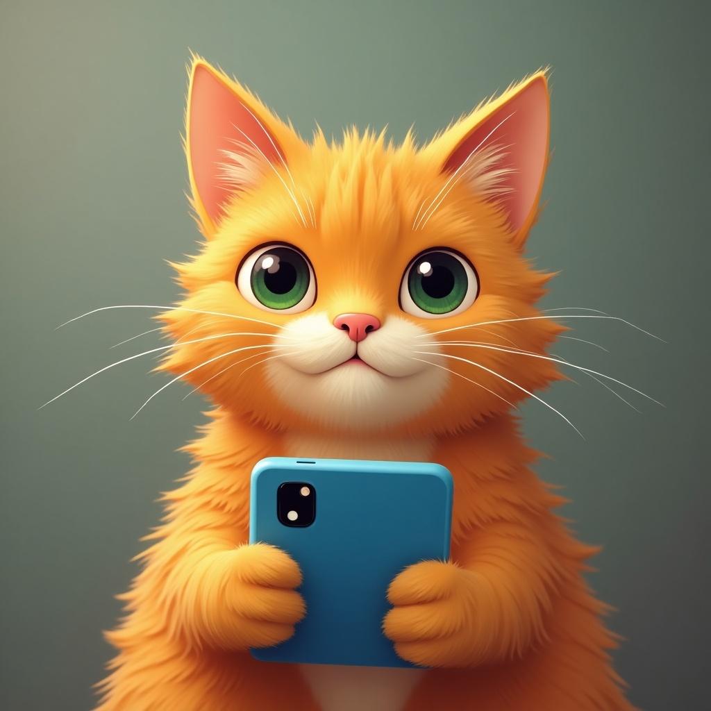 Orange cat holding blue smartphone. Cat has large eyes and fluffy fur. The background is a solid color.