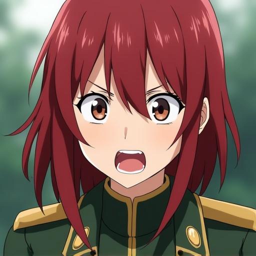 Anime style female soldier with medium red hair. She has parted bangs. Facial expression shows anger and surprise. Depicted in a green military uniform.