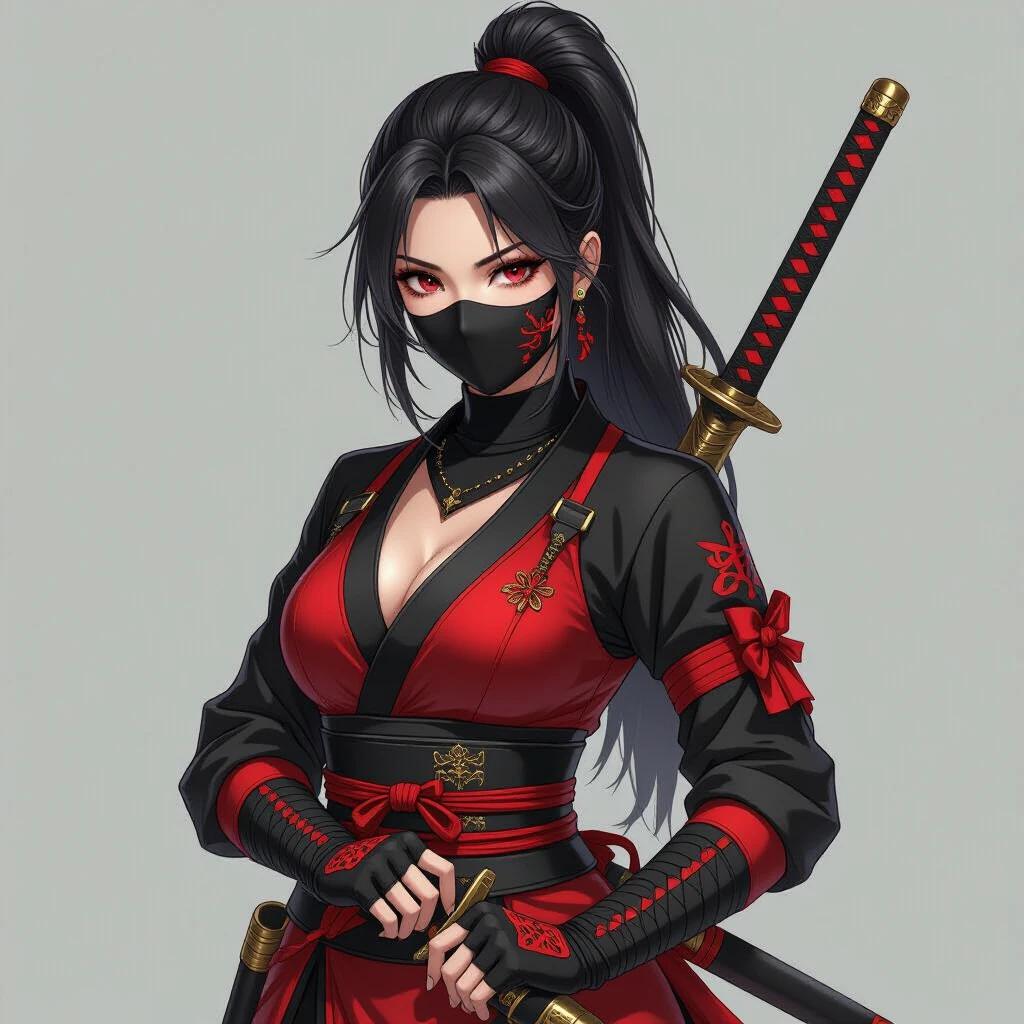 Ninja lady character dressed in red and black. She wears a mask and holds a sword. Hair in a ponytail. Depicts strength and confidence.