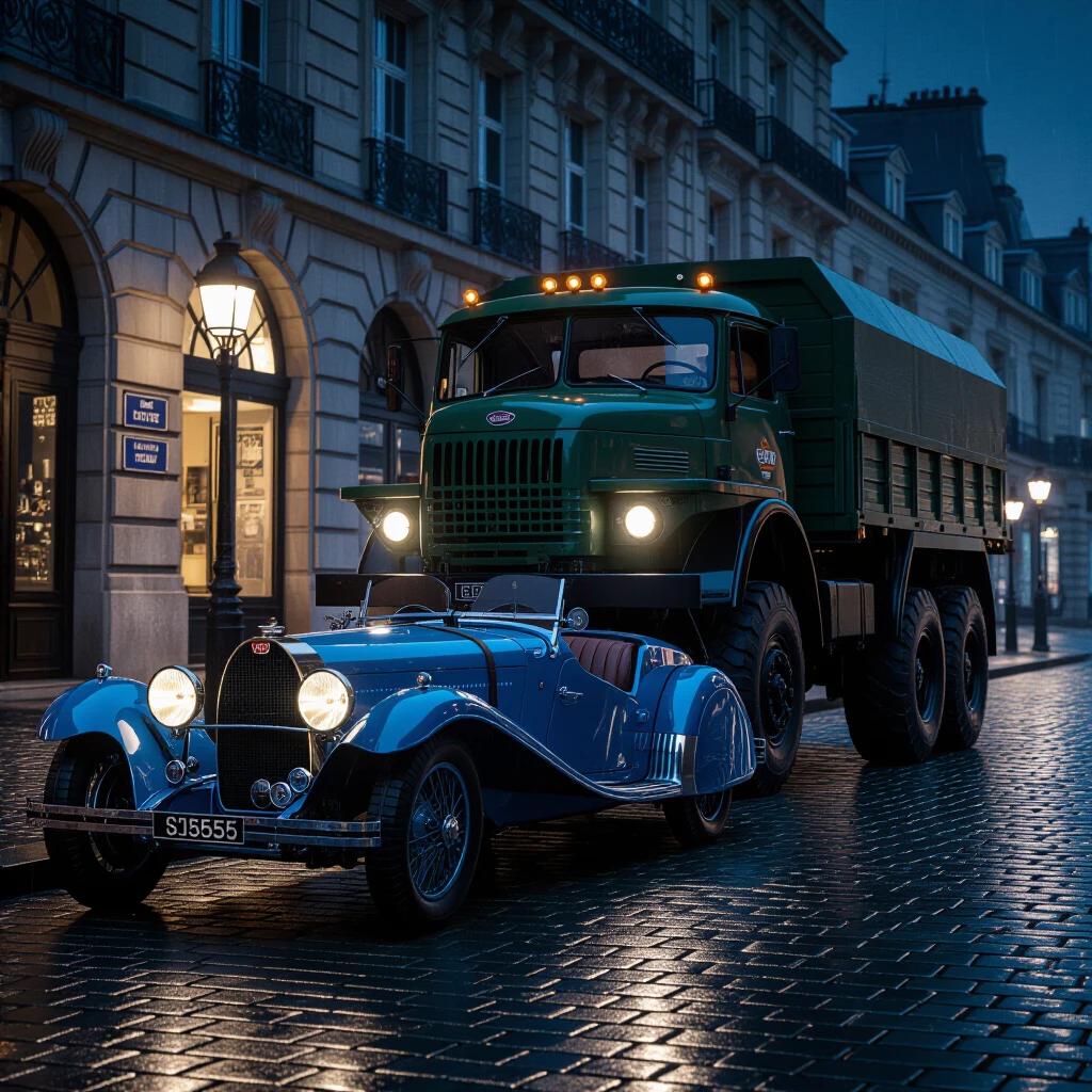 Photorealistic depiction of a rainy night scene in Waterloo 2025 featuring a 1924 Bugatti Type 35 parked on cobblestones. A Soviet military truck positioned closely behind it. Headlights from the truck illuminate the scene creating dramatic shadows. The image captures the tension between the vintage car and the massive truck.