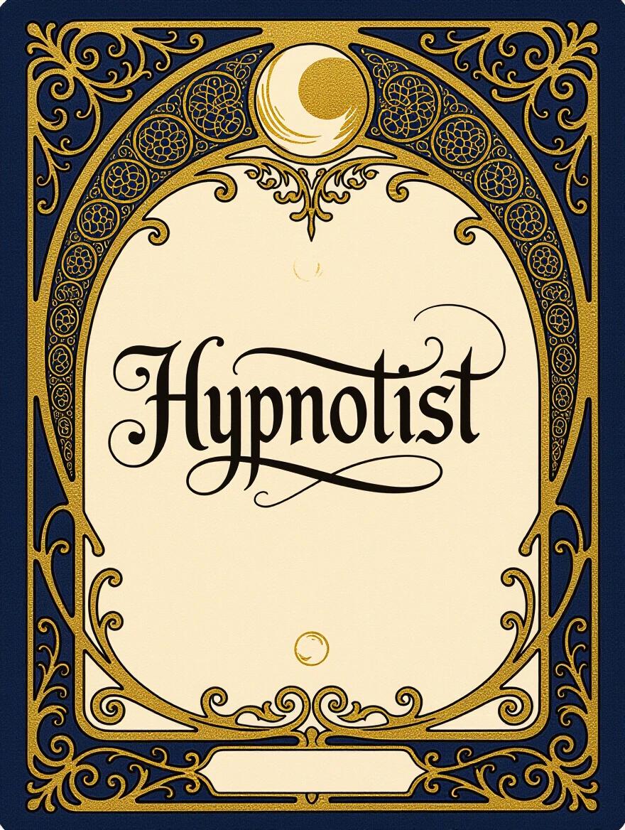 Ornate card in Art Nouveau style features the word Hypnotist written in calligraphy. Color scheme consists of dark blue and gold. Designed with intricate details and curves.