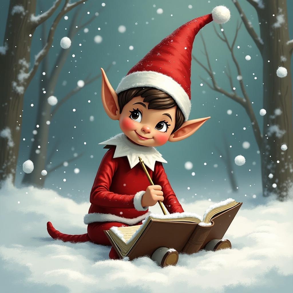 A brown-skinned boy elf sits in the soft, fluffy snow, dressed in a bright red outfit with a white collar. He is joyfully writing in a large book, surrounded by gently falling snowflakes. The scene is set in a serene winter forest, with snow-covered trees in the background. The elf has a warm smile, exuding a sense of happiness and cheer. The overall atmosphere is magical and festive, making it perfect for the holiday season.