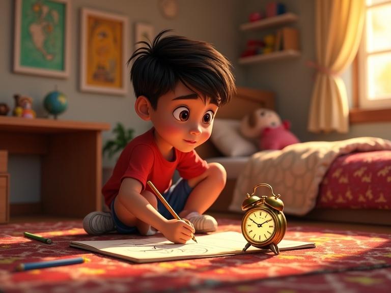 A young boy sits on a cozy bedroom floor, focused on drawing an antique clock. The warm light of sunset fills the room with a magical glow. The boy has bright eyes and is wearing a red shirt and blue shorts. Colorful pencils and a small globe are visible in his playful space.