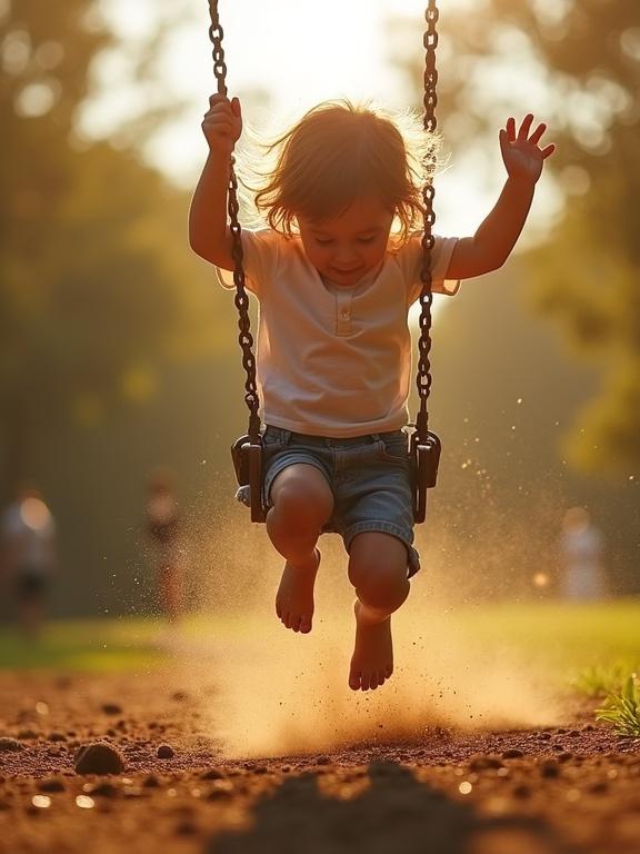 A child swings mid-air. Hair is in motion. Sunlight filters through trees. Dirt particles fly up from ground impact.