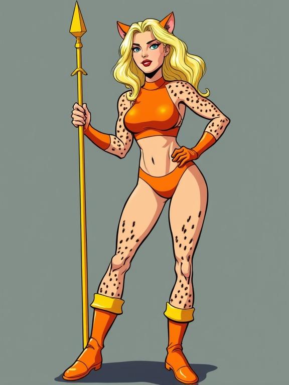 Female cartoon character has light blonde hair with cheetah spots. She wears orange leotard and matching orange boots. Holds a long golden staff. Confident posture. Athletic body type. Positioned left and facing viewer. Dynamic composition with bold colors. Muted gray background.