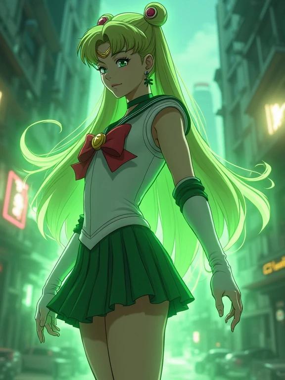 Cinematic realistic shot of Sailor Jupiter in a fighting stance. She wears an iconic green and white sailor uniform. Long brown hair flows behind her. A powerful green lightning aura surrounds her. The backdrop depicts apocalyptic urban slums. Highly detailed 8K resolution image.