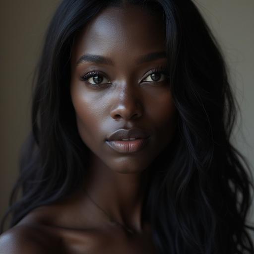 Photo realistic portrait of a woman with dark skin and long hair. Soft light emphasizes facial features. Close-up shot focusing on the face.