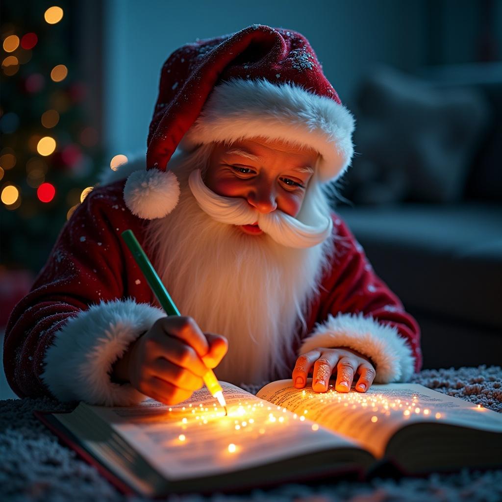 Santa writing in a large book with a glow stick. Christmas tree in the background. Childlike joy is evident on Santa's face. Soft indoor lighting creates a cozy atmosphere.