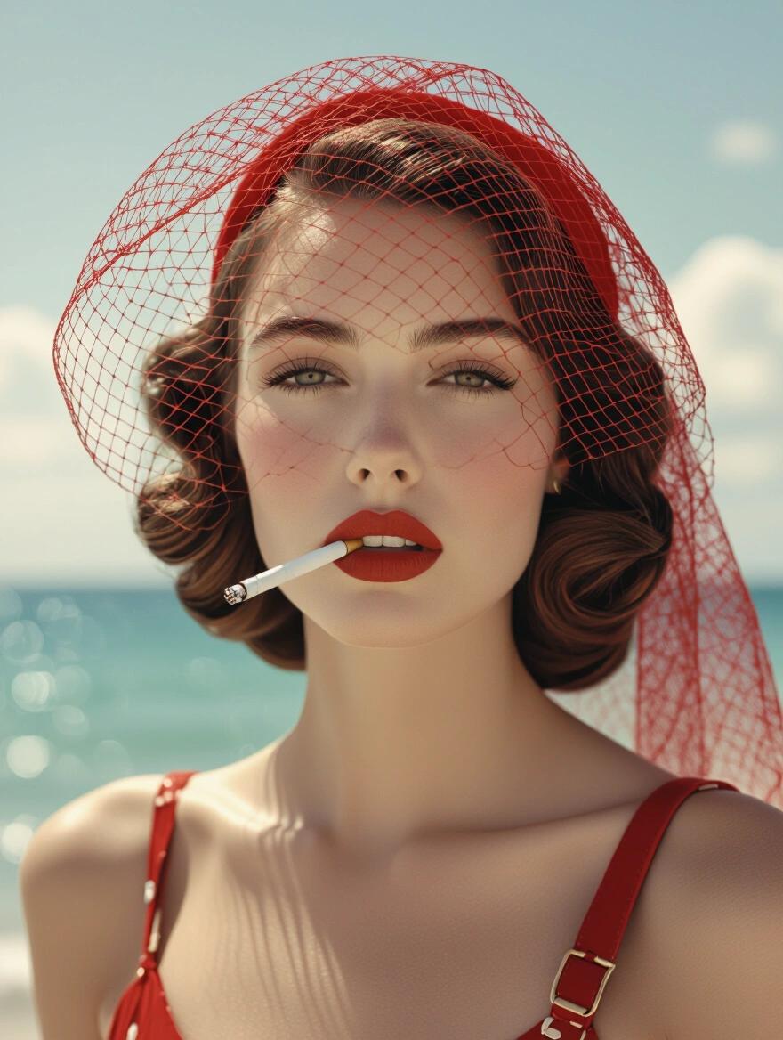 A vintage woman represents summer vibes in 1940s fashion. The woman wears a striking red veil and a stylish swimsuit. An unlit cigarette sits beside her without touching her lips. She carries a large red bag. The background features a beautiful sea. The image is styled to resemble an old sepia photo.