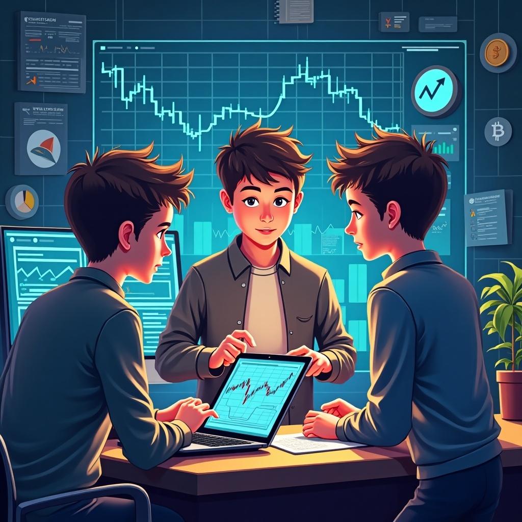 Three boys analyzing market trends on screens. One boy acts as a trader. Another acts as a professor. The last one is a prodigy. The setting is focused on cryptocurrency.