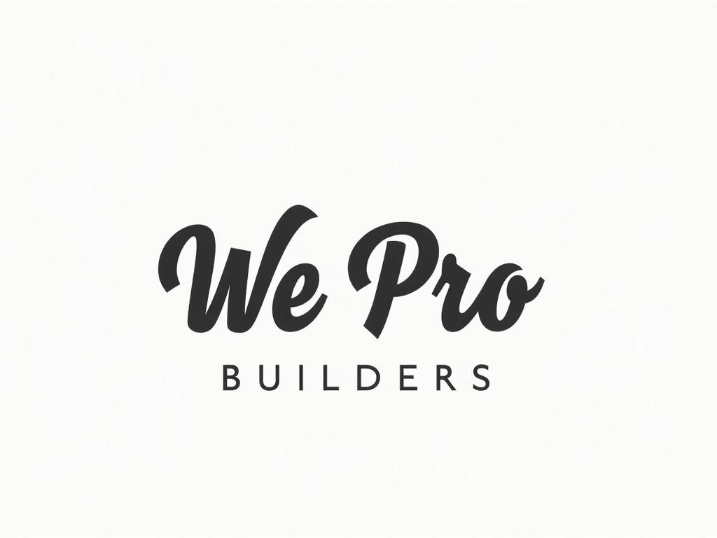 This logo features the text 'We Pro Builders' designed in an elegant script font. The letters are bold and emphasized, giving a professional appearance. The minimalist style makes it suitable for various branding applications. Set against a clean white background, the logo stands out effectively. It is ideal for use in construction-related marketing and branding efforts.