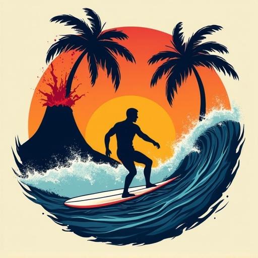 Illustration of a surf shop logo for Underground. Round design featuring a surfer on a wave, with palm trees and a volcano in the background. Bright sunset colors with the word Underground prominently displayed. Illustrative style with a vibrant and playful feel.