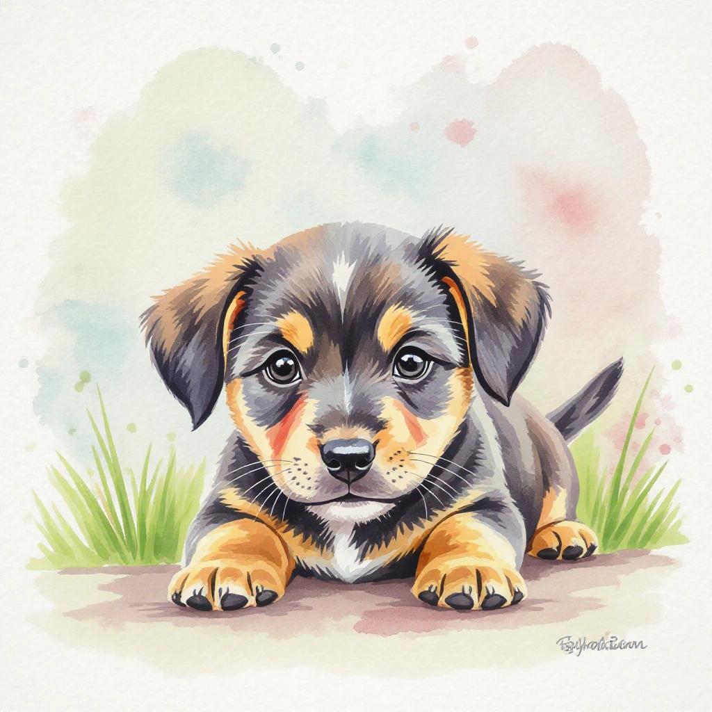 A small puppy lying down with a playful expression, illustrated in watercolor style. The pup has a shiny black and brown coat and is set against a soft pastel background. Grass surrounds the puppy, creating a cheerful scene.