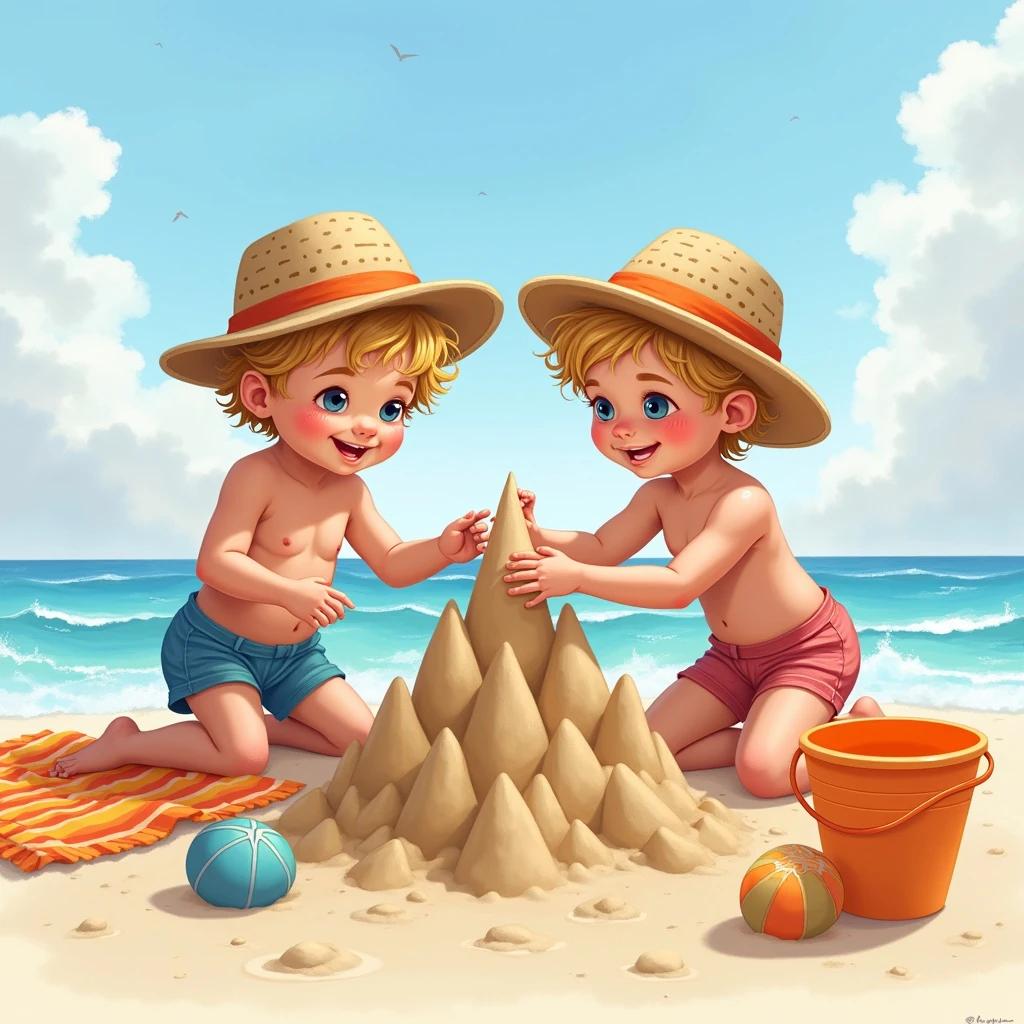 Two cute blonde boys build a detailed sandcastle at the beach. They wear playful hats and swimsuits. Nearby are colorful towels, beach balls, and buckets. The weather is bright and partly cloudy.