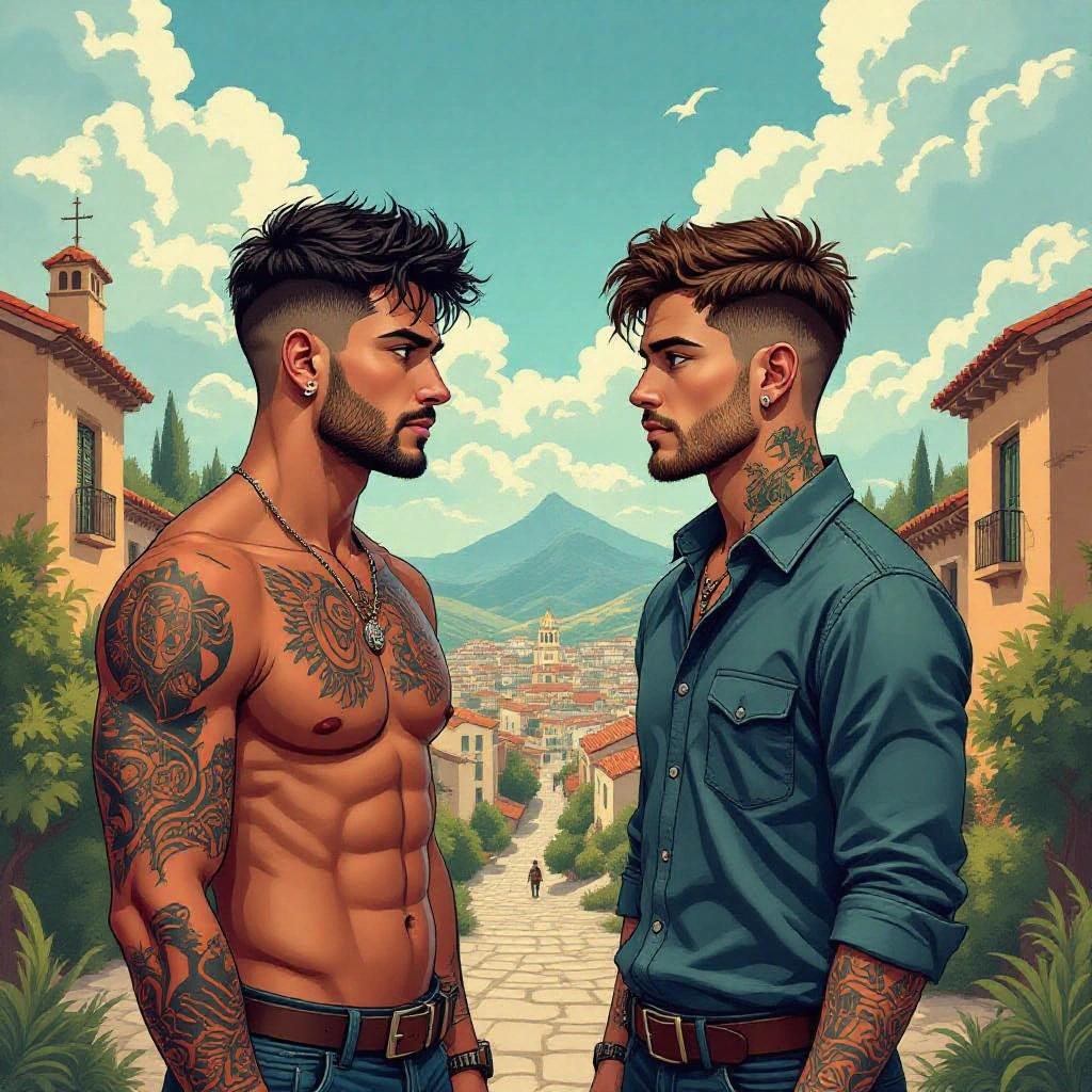 Semi-realistic illustration depicting two men as opposites in a fantasy landscape. One man, Hugo, has short dark hair, an athletic build covered in tattoos. The other, Adam, is slim with brown eyes, no tattoos, and a simpler appearance. The scene mixes urban and fantasy elements.