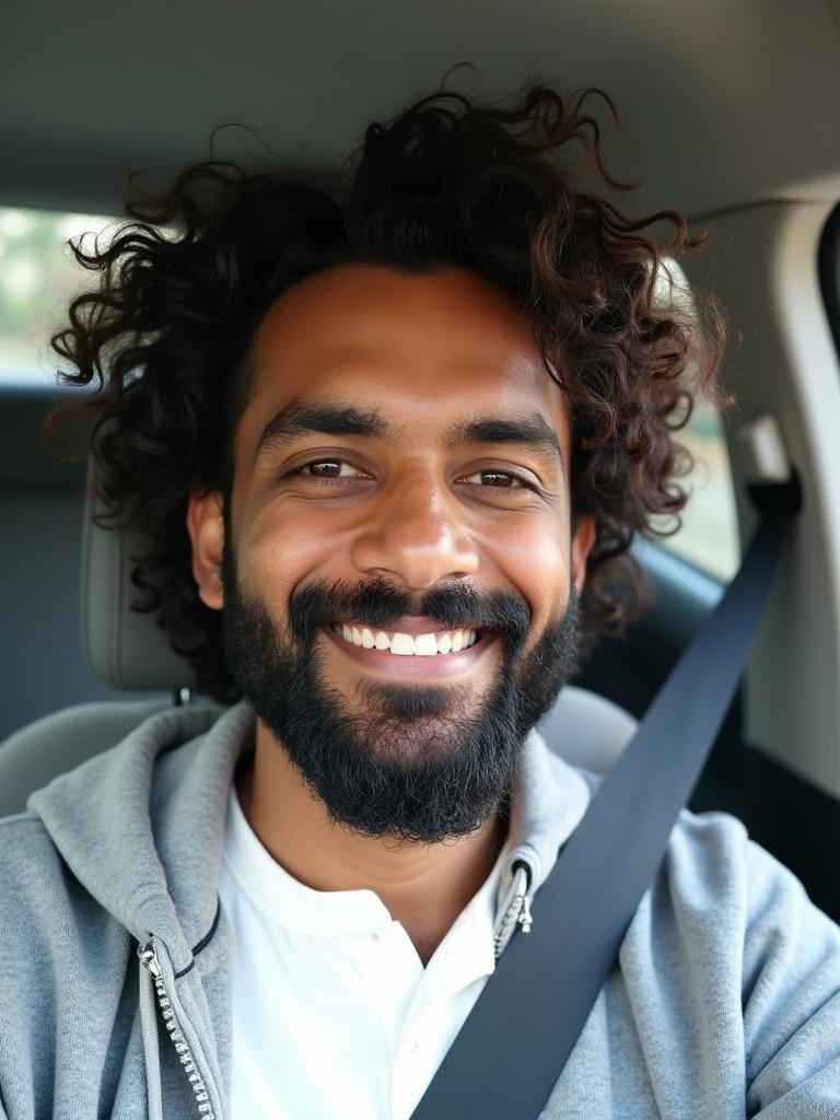 A man is seated in a vehicle. He wears a gray hoodie and a traditional white shirt. The man has curly hair and a full beard. He is smiling at the camera while securely fastened with a seatbelt. The soft lighting illuminates the vehicle's interior.