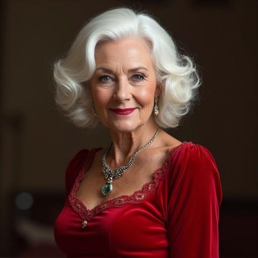 Portrait of an elegant older woman with white hair wearing a red velvet dress and jewelry, showcasing a refined look.