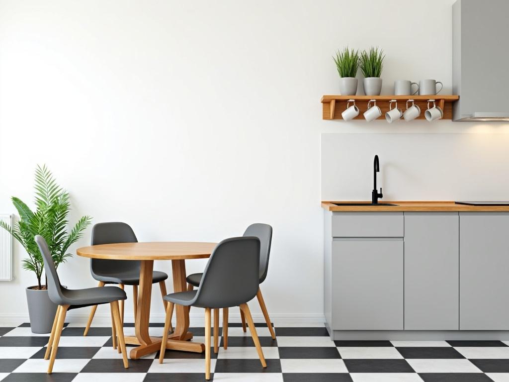 The image shows a minimalistic kitchen-dining area. There is a circular wooden dining table with four chairs, two of which have a gray fabric finish. A potted plant sits next to the table, adding a touch of greenery to the space. The kitchen features modern cabinets in a light gray color, with a wooden countertop and black-and-white checkered flooring. A set of mugs and small plants are displayed on a wall shelf above the kitchen area. Overall, the room has a clean and airy aesthetic with white walls and natural light.