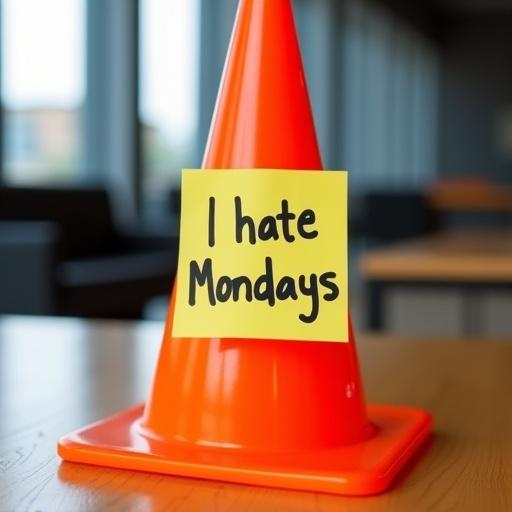 Bright orange traffic cone with a sticky note. The sticky note has bold black handwriting saying I hate Mondays. Cone sits on a wooden table in a well-lit indoor environment.