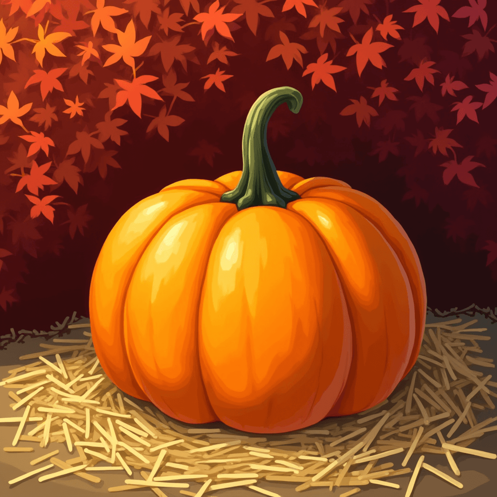 A vibrant orange pumpkin sits on a bed of straw against a backdrop of red and orange autumn leaves.