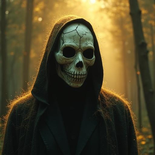 Mysterious figure stands in a glowing forest. Figure wears a cracked porcelain mask. Golden dust particles float in the air. Dark fairytale vibes create an eerie atmosphere. Cinematic composition captures rich shadows.