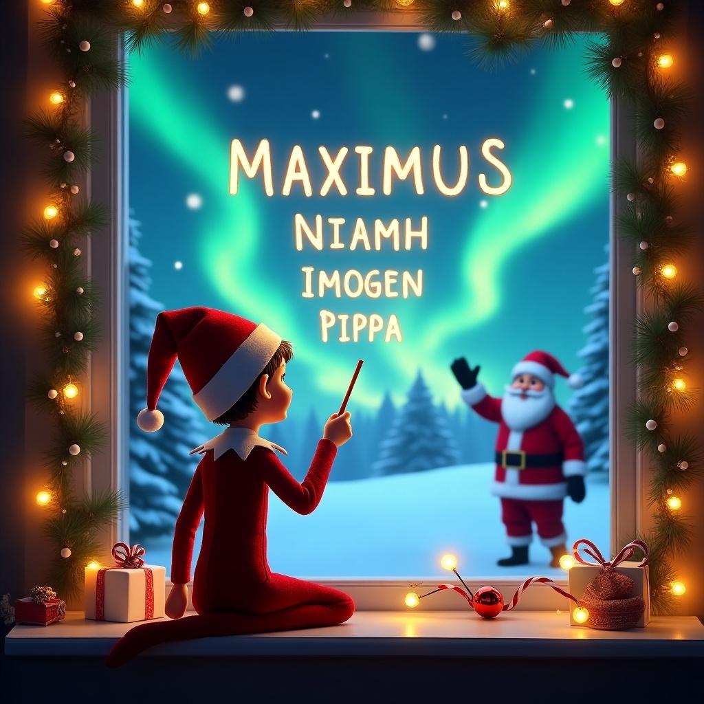 Elf seated at window with back to viewer, facing sky. Using wand to write names in glowing letters. Snowy landscape with vibrant northern lights. Santa waving in distance. Cozy holiday decorations framing the scene. Enchanting Christmas spirit.