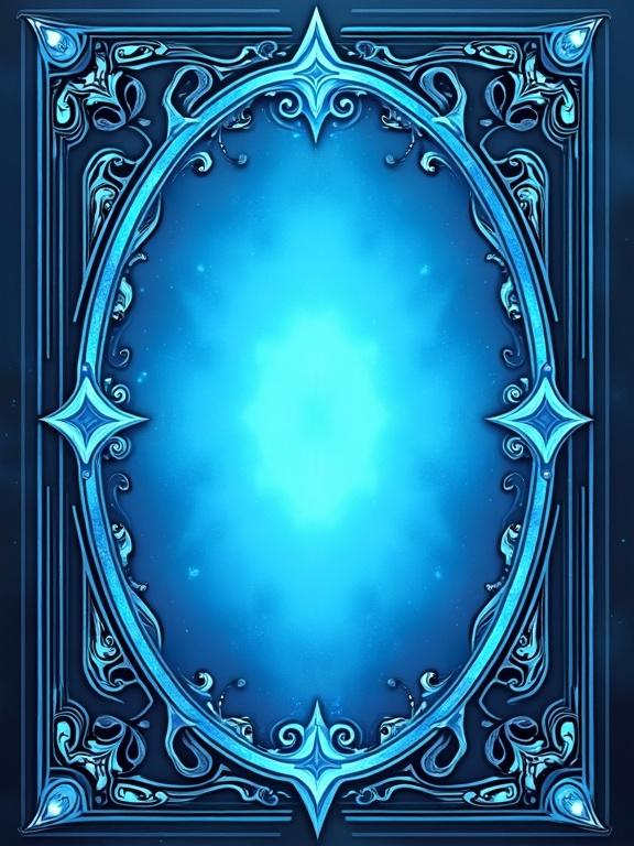 A fantasy card back designed for a card game featuring a light blue theme. It has a glowing blue oval in the center surrounded by an ornate border. The design is whimsical and adventurous with intricate details and no text.