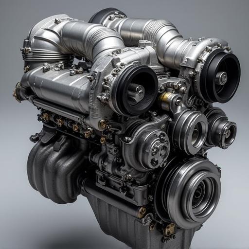 Detailed image of a V8 twin turbo motor with a focus on various components including turbochargers and the engine block.