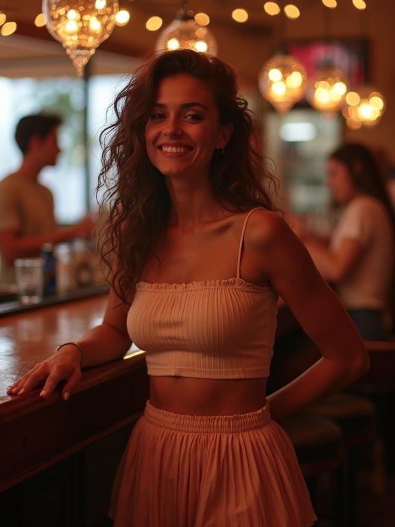 A woman with a flirty smile and pose stands at a bar. She wears a crop top and pleated mini skirt. The setting has warm lights and a cozy atmosphere.