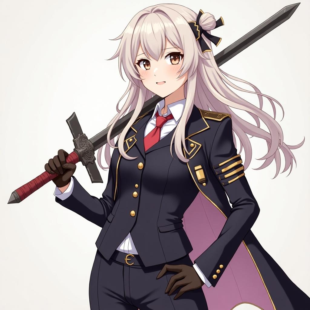 The image depicts an anime character with long, flowing hair styled in a half ponytail, wearing a smart-looking uniform. She stands confidently, wielding a double-edged sword. The character has a determined expression, showcasing her strength and intelligence. The outfit is detailed with gold buttons and a red tie, suggesting a military or school theme. The background is simple, allowing the character to stand out as the focal point.