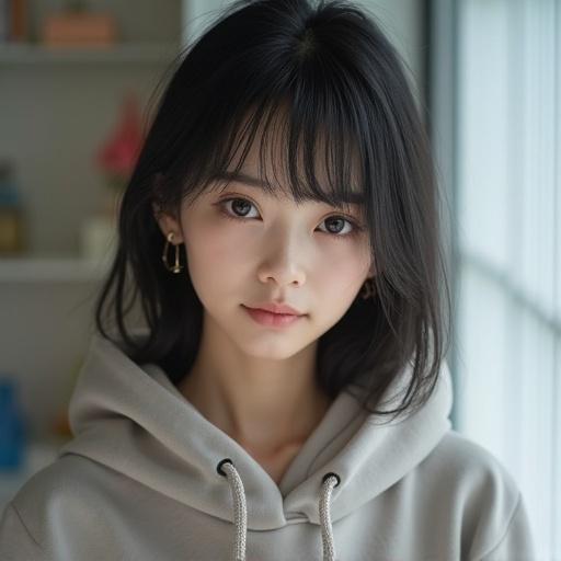 Portrait of a girl in a hoodie with beautiful skin and medium skin tone. She has black silky hair and a charming expression. The background is blurred, emphasizing her features. The setting has bright professional lighting highlighting her face.