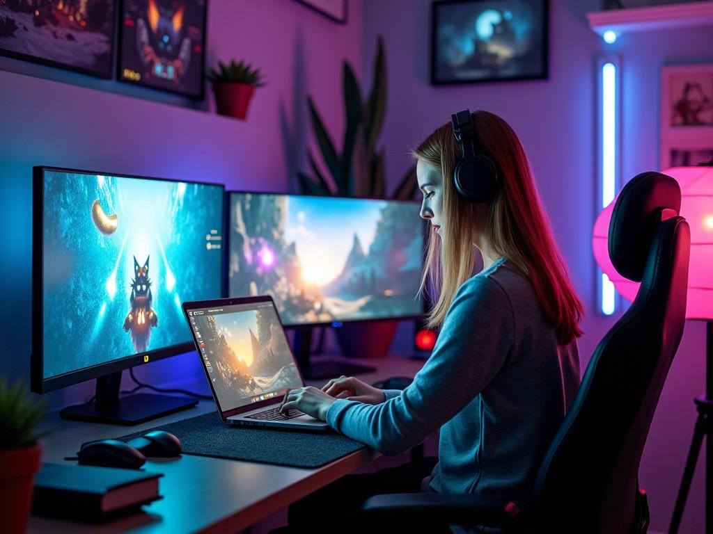 A woman is sitting at a sleek desk, deeply focused on her work on a laptop. Surrounding her are multiple high-resolution monitors displaying colorful graphics from MMORPG 2D games. The room is illuminated with soothing neon lights, casting a cool ambiance. She wears headphones, indicating an immersive gaming experience. The setup is modern and stylish, reflecting the trends in gaming and technology.