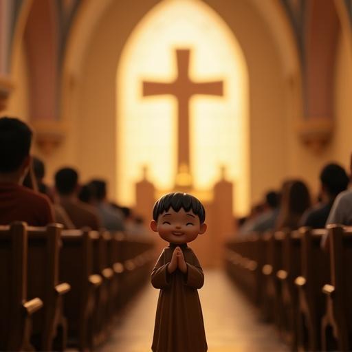 A young monk figurine stands joyfully in prayer inside a church. The large, bright cross is visible in the background. A congregation is seated around him.