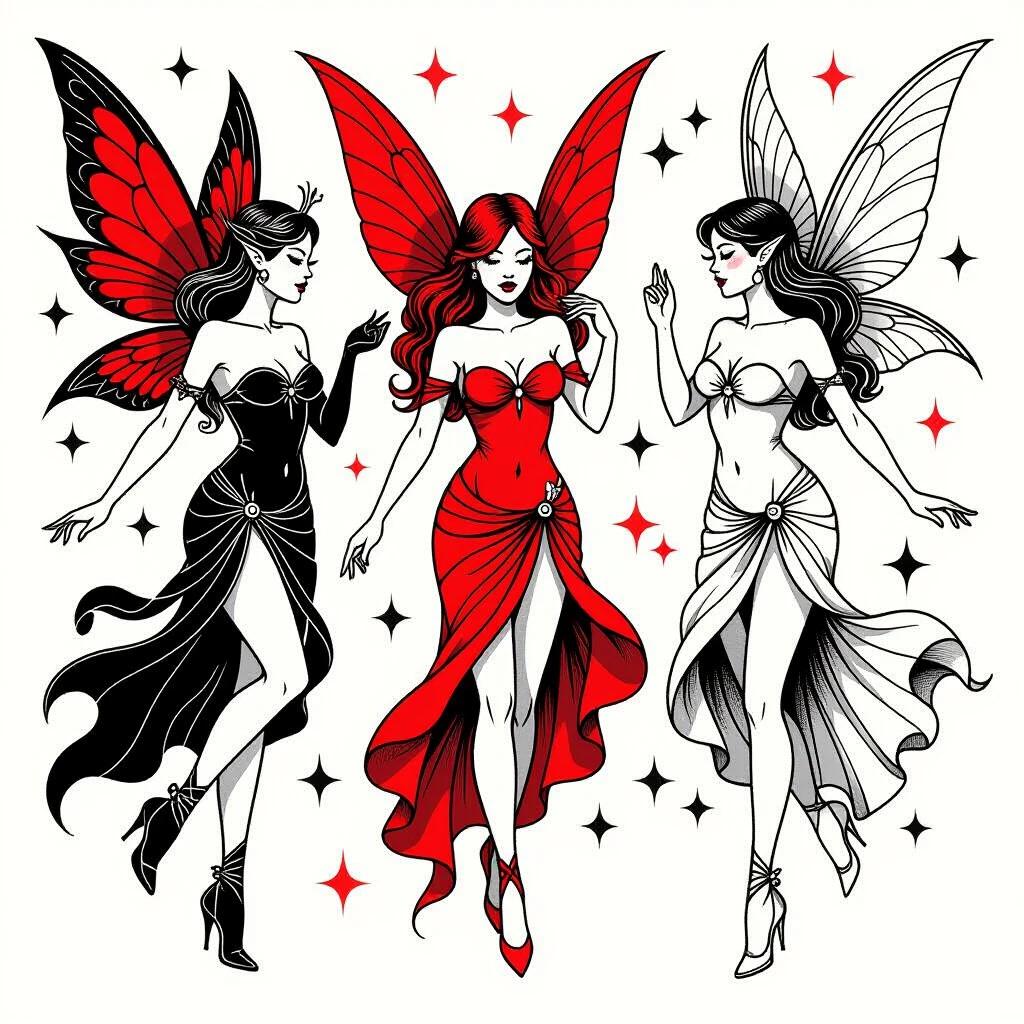 Three exotic fairies with different poses wearing elegant dresses. Each fairy has unique wing designs. One fairy wears black; another wears red; the last wears white. All have thick outlined tattoos with a minimalist style. Stars fill the background to enhance the design.